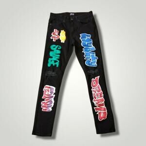 HZW Women's Graffiti Style Skinny Jeans Black Distressed Size 30